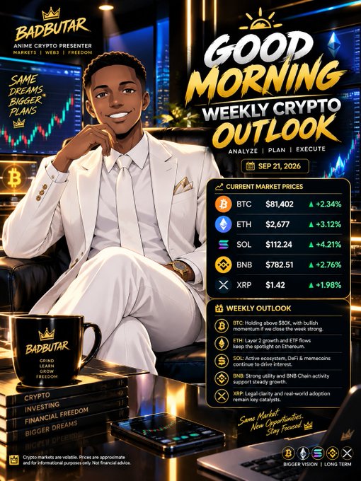A promotional graphic titled 'GOOD MORNING WEEKLY CRYPTO OUTLOOK' by BADBUTAR, dated SEP 21, 2026, featuring an anime-style character in a white suit alongside current crypto prices (BTC $81,402, ETH $2,677, SOL $112.24, BNB $782.51, XRP $1.42) and a weekly market outlook section.