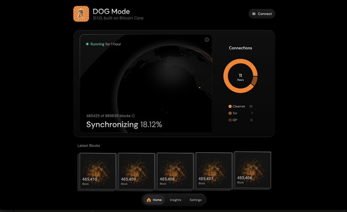 The image shows a "DOG Mode" dashboard for the DOG₿ cryptocurrency (built on Bitcoin Core) currently synchronizing at 18.12%, with block 485,419 of 865,635, running for 1 hour, and displaying 11 peer connections (10 Clearnet, 1 Tor, 0 I2P)—visually reinforcing the post's reference to "$DOG Mode" by showcasing this Bitcoin-based project's active node synchronization interface.