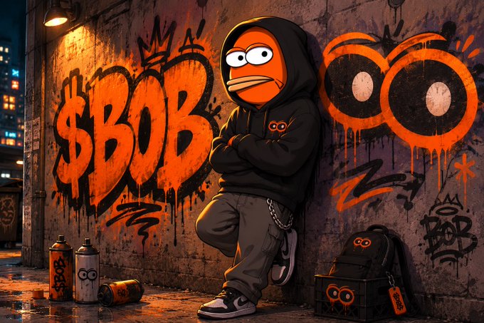Stylized graffiti artwork depicting a hooded cartoon character leaning against a wall with "$BOB" and "OOO" spray-painted in orange. Spray paint cans and a backpack with the character logo sit nearby on a wet alleyway floor.