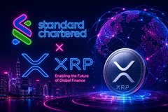 A promotional graphic featuring Standard Chartered's logo alongside the XRP (XRP) token, set against a futuristic cosmic background with a digital globe and "Trading the Future of Global Finance" text. The image visually represents Standard Chartered's revised bearish outlook on XRP, highlighting the bank's stark 2026 year-end price target cut from $8.00 to $2.80.