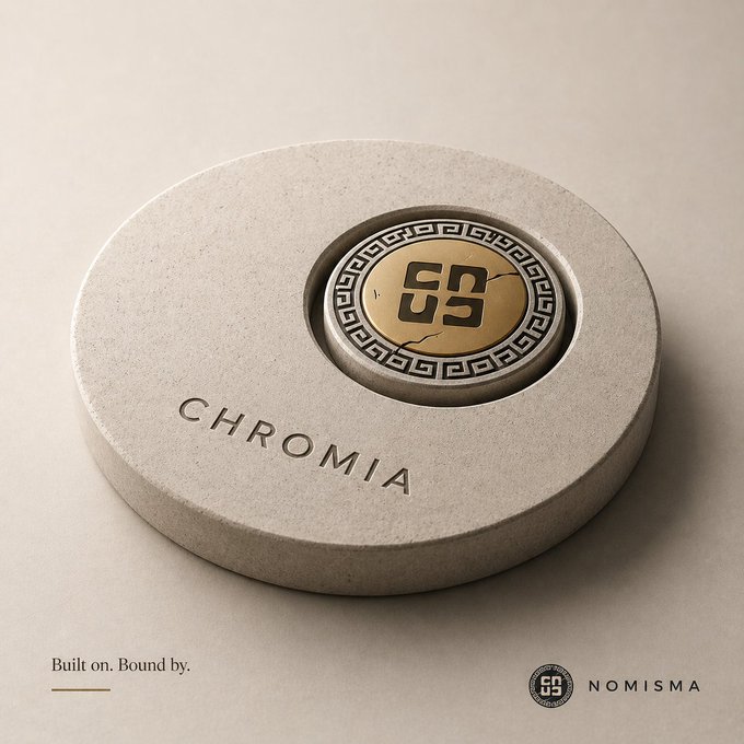 A 3D rendered product design showing a beige stone-like circular pedestal with 'CHROMIA' engraved on it, holding a golden coin-like emblem with a Greek key pattern, branded with 'NOMISMA' and the tagline 'Built on. Bound by.'