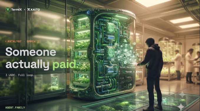 A sci-fi themed promotional image for 'TermiX × KAITO' featuring a futuristic hydroponic chamber with glowing green tubes, with text 'KATALYST • EPOCH 1', 'Someone actually paid.', and '3 USDC. Full loop.'