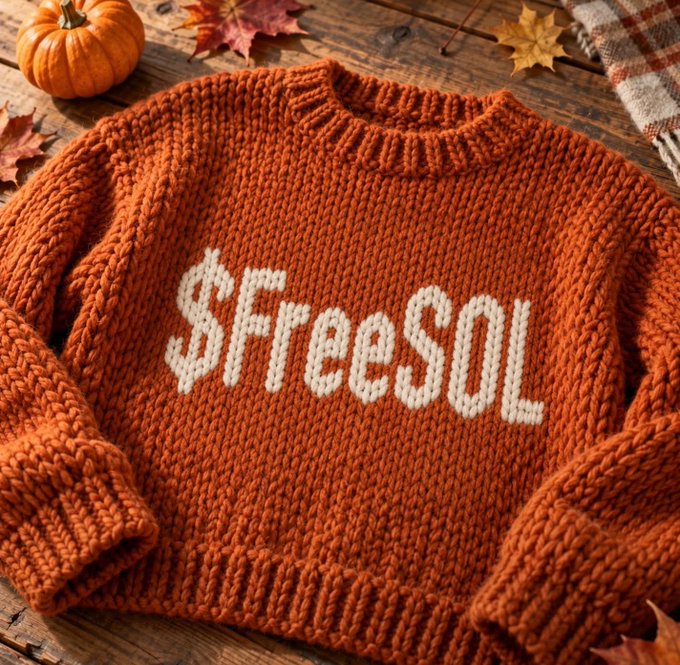 A rust-orange knitted sweater with '$FreeSol' written in white lettering lies flat on a wooden surface, surrounded by a small pumpkin and autumn leaves.