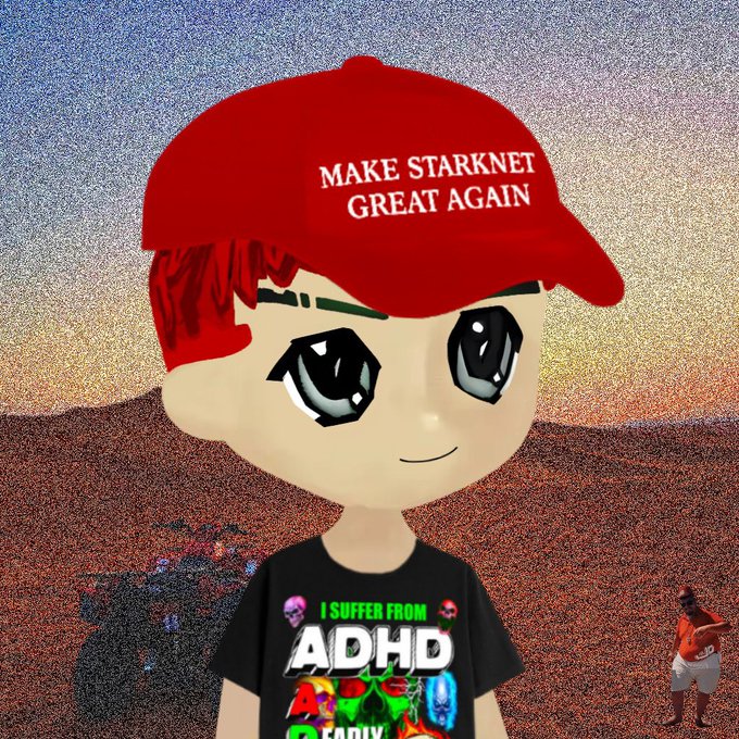 The image features a cartoon character wearing a red baseball cap with white text that says "Make StarNet Great Again". The character appears to be smiling at the camera. In the background, there are two people standing next to each other, one of whom is holding a backpack.