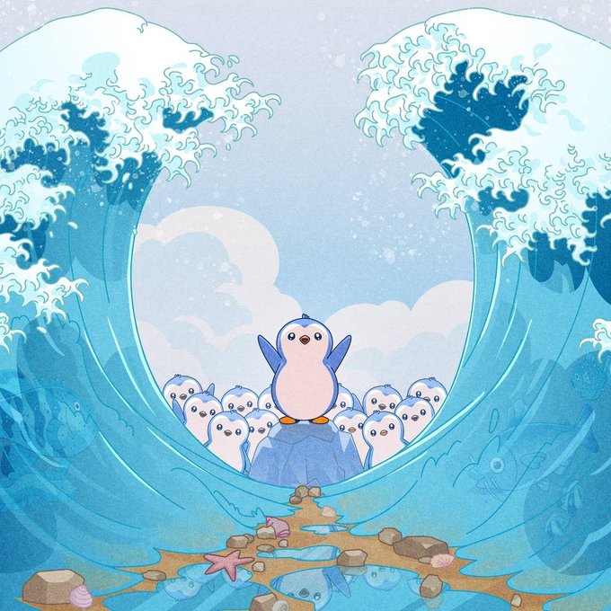 A whimsical illustration featuring a blue and white penguin standing on a rock with its wings raised, surrounded by a group of smaller penguins, framed by curling ocean waves and a starfish-strewn shore.