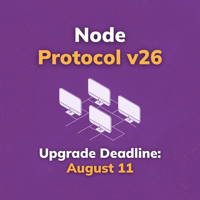 A purple announcement graphic reads "Node Protocol v26" at the top and "Upgrade Deadline: August 11" at the bottom, featuring an illustration of interconnected computer nodes. The image visually reinforces the Pi Network official notice about Mainnet node operators needing to upgrade to Protocol V26 by August 11.