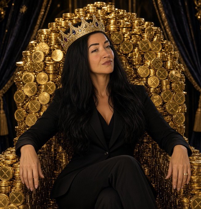A woman wearing a golden crown and black suit sits on a throne made of stacked gold coins with X symbols on them, against a dark curtain backdrop.
