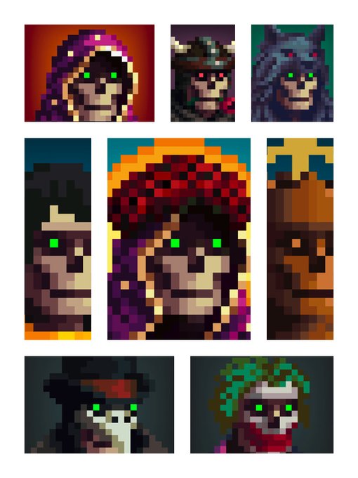 A collection of pixel art portraits featuring various character faces with glowing green eyes, including hooded figures, a central character with red hair, and a smaller skull portrait, representing the Genuine Undead (GU) NFT collection's 1/1 Legendary character "Faith."