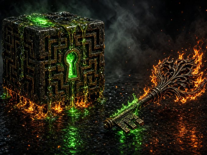 A dramatic dark fantasy image showing a stone puzzle box with a glowing green keyhole and an ornate, fiery metal key resting on a dark, cracked surface.