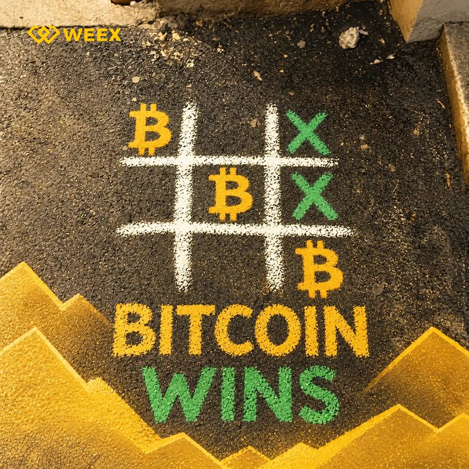 A street-art style graphic painted on asphalt featuring a tic-tac-toe game with Bitcoin (B) symbols winning against X marks, with the text "BITCOIN WINS" below, and a "WEEX" logo in the top left corner.