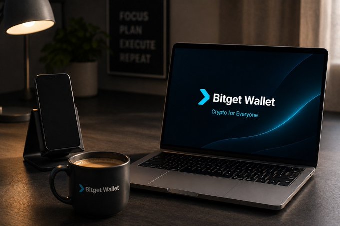 The image showcases a Bitget Wallet branded workspace featuring a laptop displaying the "Bitget Wallet - Crypto for Everyone" logo alongside a matching mug and phone on a wooden desk with a "Focus, Plan, Execute, Repeat" poster in the background.

The setup visually reinforces the "new week, new narratives" message, presenting a focused, disciplined crypto trading environment that aligns with the conviction-driven mindset of the post.