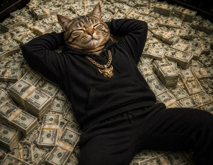 A tabby cat wearing a black hoodie and gold lion medallion lounges contentedly atop stacks of bundled $100 bills, projecting ultimate memecoin wealth and success that visually embodies the post's rallying cry for the $CATE supercycle.