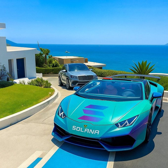 A teal Lamborghini and a dark Mercedes are parked at a Mediterranean cliffside villa overlooking the ocean, with the word "SOLANA" displayed across the Lamborghini's hood alongside its logo—matching the post's celebratory crypto-themed Sunday vibe.