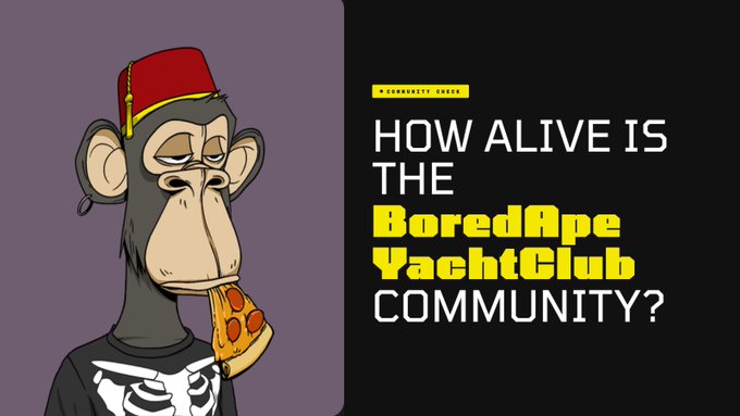 The image features a cartoon monkey holding a slice of pizza with its mouth open, as if about to take a bite. The background of the image is black, making the colorful illustration stand out. Below the monkey, there's text that reads "How alive is the @BoredApeYC community still? Leave one word that describes the community." This suggests that someone might be curious about how active and engaged the BoredApeYC community is in their social media platform or online space.