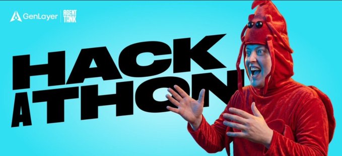 A man in a red lobster costume reacts with shock next to large text reading 'HACKATHON' with 'GenLayer' and 'AGENT TANK' logos.