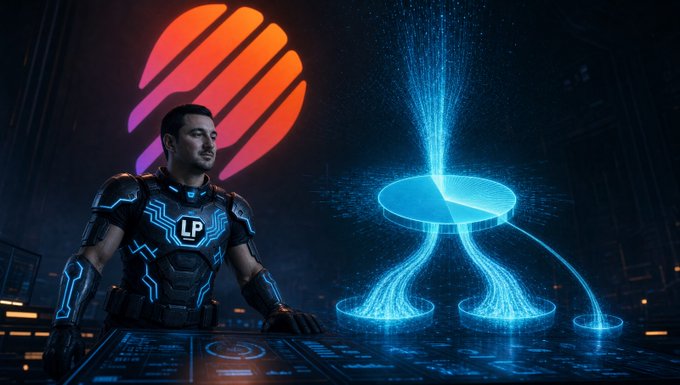 A futuristic character in a glowing black and blue suit stands next to a red flame-like logo and a holographic blue data display featuring "LP" on the chest.