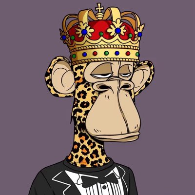 A cartoon illustration of a leopard-print monkey or ape character wearing a crown and a dark shirt against a purple background.