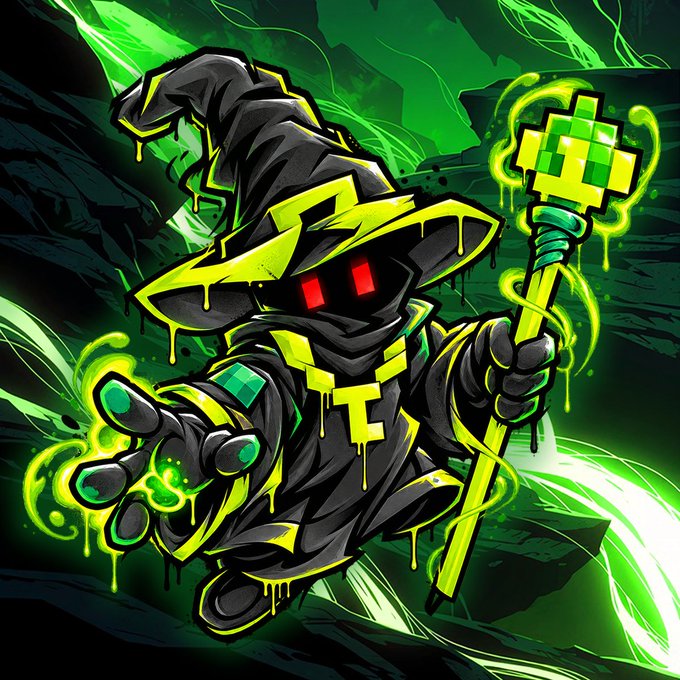 A vibrant cartoon-style necromancer mage in a black robe with glowing green slime dripping from the brim of his wizard hat, holding a staff topped with a pixelated green creeper-like face and conjuring green magic, set against a dark green swirling background.