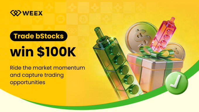The image is a promotional banner from WEEX advertising a "Trade bStocks" event where users can win $100,000, featuring 3D graphics of coins, a gift box with a green ribbon, and a red lipstick on a yellow background. It visually supports the post's message about trading opportunities and the $100K prize pool running from August 4-14, 2026.