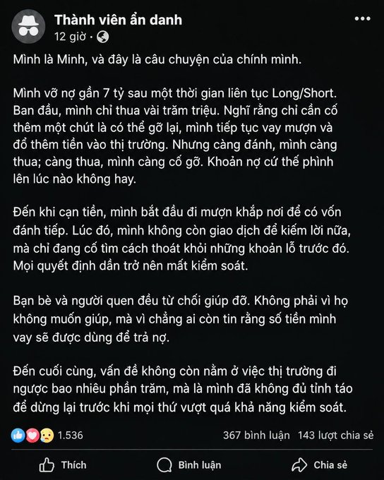 A Facebook post in Vietnamese by 'Thành viên ẩn danh' recounts a personal story of losing nearly 7 billion dong in cryptocurrency trading due to poor financial decisions, garnering 1,536 reactions and 367 comments.