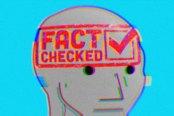 A glitch-effect digital illustration of a person's face wearing a VR headset that displays 'FACT CHECKED' in red text with a checkmark, set against a cyan lined background.