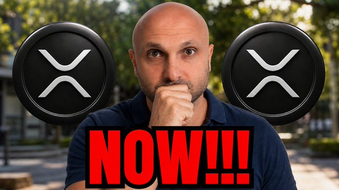 A bald man with a worried expression rests his chin on his hand, flanked by two XRP cryptocurrency logos, with the word "NOW!!!" displayed in bold red letters.