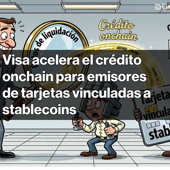Spanish-language article thumbnail titled 'Visa acelera el crédito onchain para emisores de tarjetas vinculadas a stablecoins' over a cartoon illustration of people with a magnifying glass and credit cards.