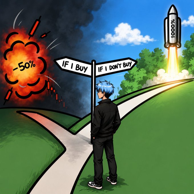 An anime-style illustration showing a blue-haired man in black standing at a crossroads signpost reading 'IF I BUY' (pointing toward an explosion with '-50%' on a falling candlestick chart) and 'IF I DON'T BUY' (pointing toward a rocket with '1000%' launching upward), depicting a crypto or stock trading decision meme.