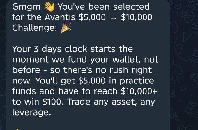 A message about being selected for the 'Avantis $5,000 → $10,000 Challenge' trading competition with $100 prize for reaching $10,000+.
