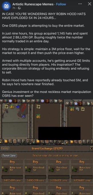 A Facebook post from "Artistic Runescape Memes" discusses how a single OSRS player has spent over 2 billion GP buying the entire Robin hood hat market, reportedly touching 5M GP per hat, with screenshots showing the Grand Exchange flooded with "Buy" offers for Robin hood hats at inflated prices of 5,053,000+ coins each. The image illustrates the post's claim about an austic dev live streaming his market manipulation of $RSTR by cornering the Robin hood hat market in RuneScape.