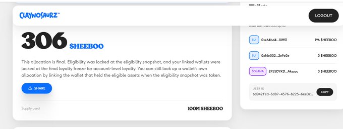 A user checks their final Claynosaurz airdrop allocation of 306 SHEEBO tokens at allocation.claynosaurz.com, with the breakdown showing 196 from wallet 0xeb4cd...3bf9j, 0 from 0x4b002...2vfc0a, and 0 from 0f55DYKD...Aksou, accompanied by the comment noting the modest payout isn't worth much unless the project achieves a multi-billion market cap, and lamenting that staking would have boosted the allocation to over 1,200 tokens.