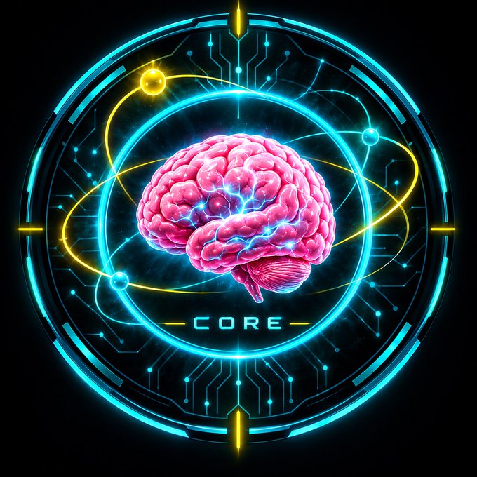 A digital illustration of a glowing pink brain at the center of a futuristic cyan and yellow circular interface labeled 'CORE'.