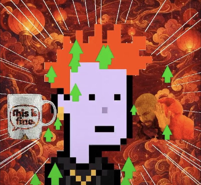 A digital collage featuring a pixel art character with green pine trees on its head, set against a red Chinese-style background with lanterns and white streaks, alongside a 'this is fine.' mug and a man covering his face.