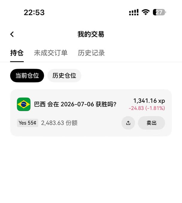 A screenshot of a trading app showing "我的交易" (My Transactions) with a current position on the market "巴西 会在 2026-07-06 获胜吗？" (Will Brazil win on 2026-07-06?), holding 2,483.63 Yes shares at 55¢, currently valued at 1,341.16 xp with a -24.83 (-1.81%) loss, alongside a sell button. The image relates to the post about an OKX promotional event for a Brazil vs. Norway match featuring a signed Haaland jersey giveaway.