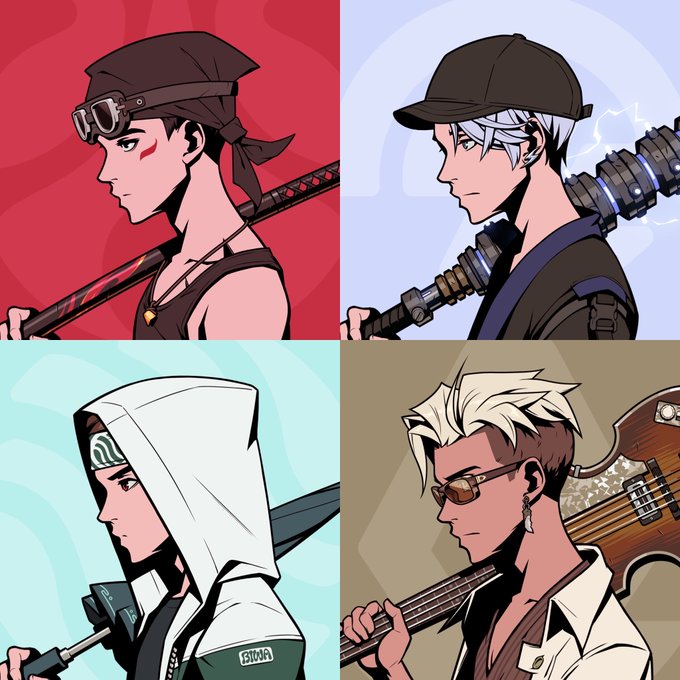 A 2x2 grid of digital illustrations showing four stylized male character portraits in profile, each with distinct hairstyles, accessories, and weapons like swords and rifles on different colored backgrounds.