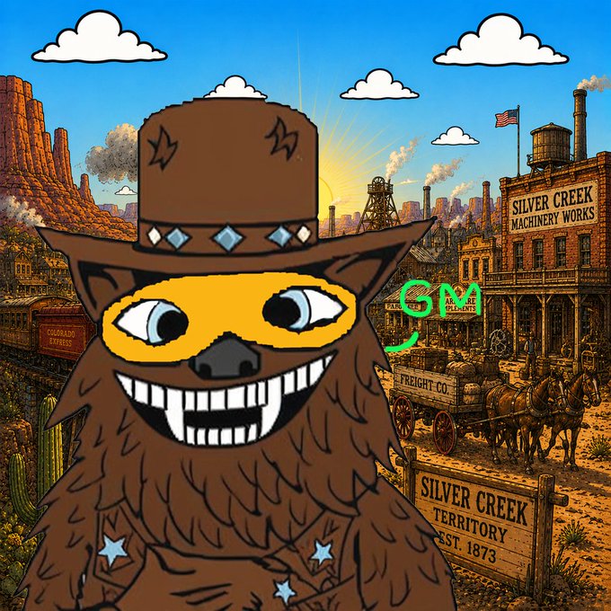 A cartoonish, brown furry creature wearing a cowboy hat poses in front of a Wild West town backdrop, with signs reading 'SILVER CREEK MACHINERY WORKS', 'SILVER CREEK TERRITORY EST. 1873', and 'FREIGHT CO.', along with a green 'SM APP ARE NOW PAYMENTS' logo.