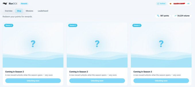 A RiverDEX Rewards shop interface showing 587 points and 54.32K volume, with three 'Coming in Season 2' placeholder cards marked 'Unlocking soon'.