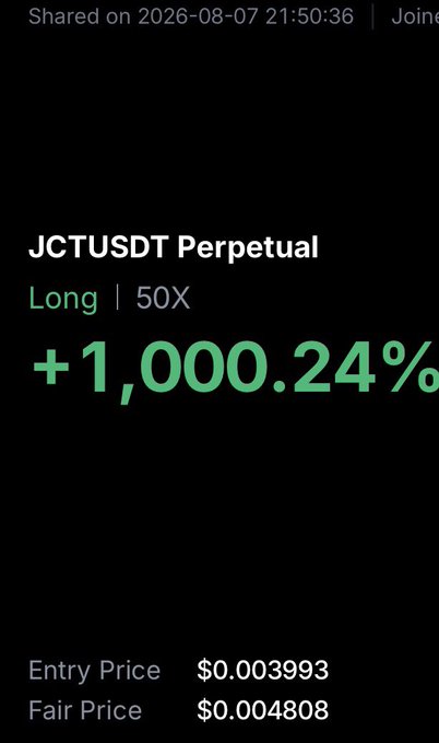 A screenshot of a cryptocurrency trading platform showing a JCTUSDT Perpetual Long position at 50X leverage with an unrealized gain of +1,000.24%, with an entry price of $0.003993 and a fair price of $0.00408, illustrating massive returns on the $JCT token.