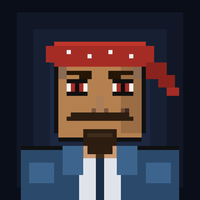A pixel art portrait of a character wearing a red bandana and blue jacket with a serious expression and reddish eyes.