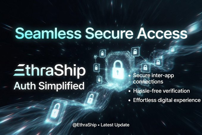 A promotional graphic for EthraShip advertising 'Seamless Secure Access' with the tagline 'Auth Simplified,' highlighting secure inter-app connections, hassle-free verification, and an effortless digital experience against a dark blue background with padlock icons.