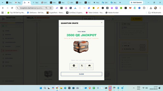 A screenshot of a browser showing the 'inception.dachain.io' website with a 'QUANTUM CRATE' pop-up announcing 'YOU WON 3500 QE JACKPOT' and options to share via Telegram, X, or Discord.