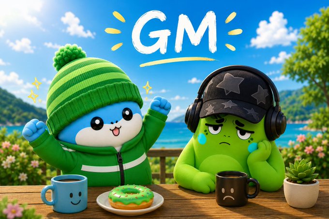 A digital illustration of a happy blue character in a green beanie and jacket cheering next to a sad green character wearing headphones, with "GM" written above them and coffee mugs and a donut on the table.