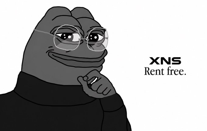 A black-and-white meme of the 'Sigma Pepe' or similar frog character wearing glasses, accompanied by the text 'XNS Rent free.'