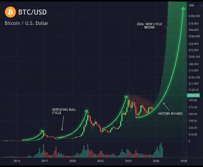 A Bitcoin/USD candlestick chart spanning 2016-2028 illustrates a repeating bull cycle pattern, with annotations marking "2026: NEW CYCLE BEGINS" and "HISTORY RHYMES," showing projected price surges toward $300,000—visually supporting the post's claim that #ALTSEASON 2026 is imminent and a massive breakout could occur at any moment.