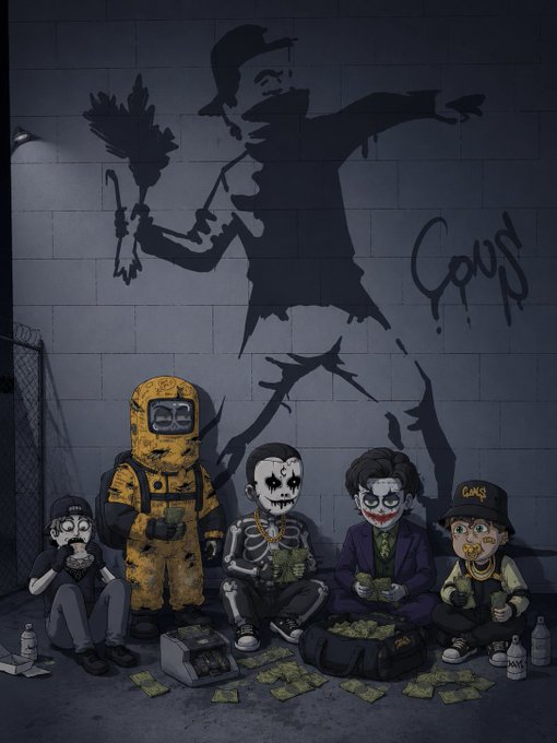 A cartoon-style illustration depicts five figures wearing various masks (including a yellow hazmat suit and clown/Joker masks) sitting against a wall with money and a briefcase, under a shadowy graffiti figure holding a broom with the word "GOON" spray-painted on the wall.