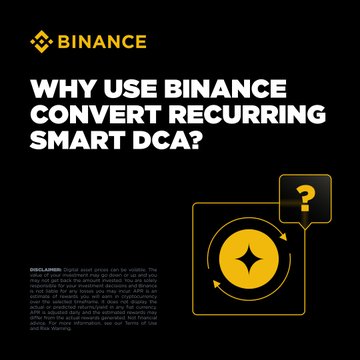 A Binance promotional graphic with a black and yellow color scheme features the Binance logo and bold headline text reading "WHY USE BINANCE CONVERT RECURRING SMART DCA?" alongside an illustration of a coin with a question mark, and includes a disclaimer about digital asset prices being volatile, relating to the post's promotion of automated Dollar-Cost Averaging via Binance Convert.