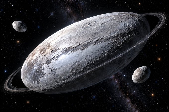 A digital illustration depicts a large ringed planet with a moon in the upper left and another small moon in the lower right, all set against a starry cosmic background.