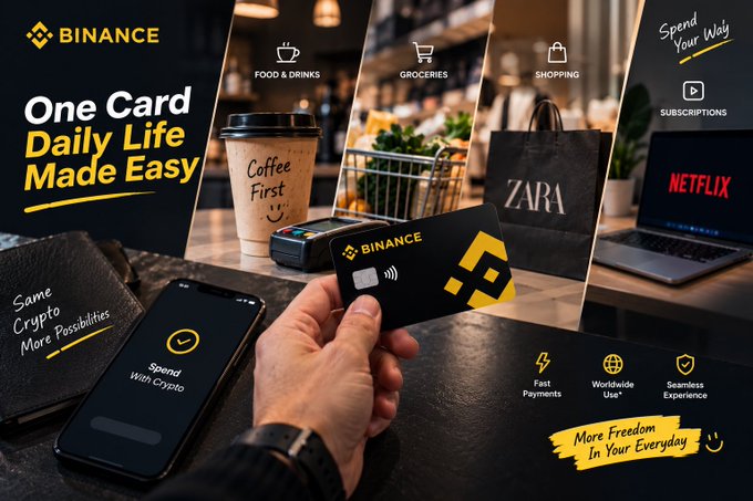 A promotional image for the Binance Card featuring a hand holding the black and yellow card, alongside a smartphone showing "Spend With Crypto," with labeled categories like "Food & Drinks," "Groceries," "Shopping," and "Subscriptions" highlighting everyday use cases like coffee, Zara, and Netflix. The tagline "One Card Daily Life Made Easy" emphasizes the card's seamless integration of crypto into routine purchases, aligning with the post's message about effortless crypto spending.