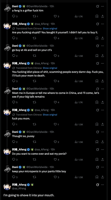 The image shows a heated Twitter/X exchange between users @DaniWorldwide and @aa_Afeng, featuring insults like "a feng is a grifter fuck him," "You fucking idiot piece of shit," and graphic threats. The caption frames the vitriolic argument as a metaphor for the volatile market sentiment accompanying BTC's rise to $80,000.