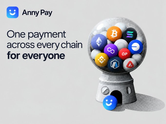 A promotional graphic for 'Anny Pay' featuring the tagline 'One payment across every chain for everyone,' alongside a gumball machine filled with various cryptocurrency logos including Bitcoin, Ethereum, and Solana.